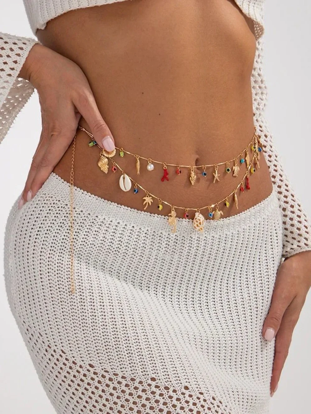 Boho Beachy Conch Seahorse Starfish Turtle Evil Eye Double Layered Waist Chain